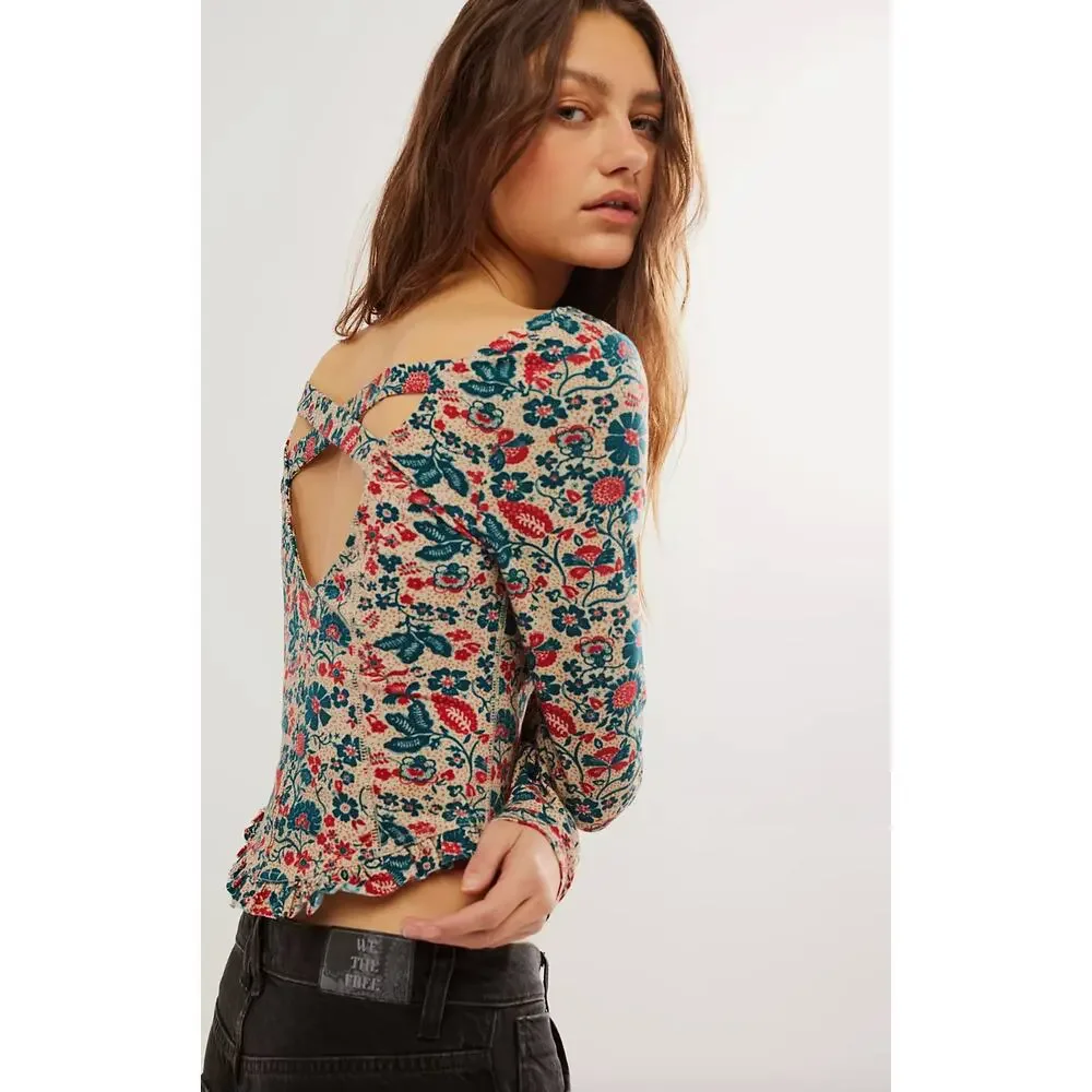 Free People Melanie Long Sleeve Top Floral Cotton Cottagecore Romantic Small NWT